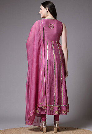 Embroidered Dupion Silk Anarkali Suit in Old Rose