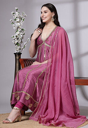 Embroidered Dupion Silk Anarkali Suit in Old Rose
