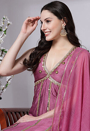 Embroidered Dupion Silk Anarkali Suit in Old Rose