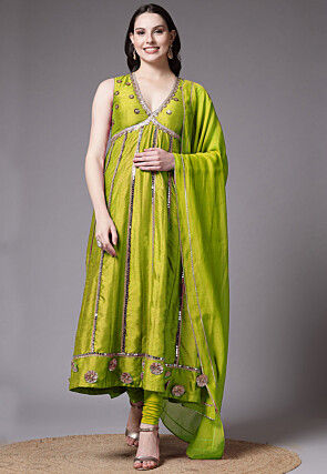 Embroidered Dupion Silk Anarkali Suit in Olive Green