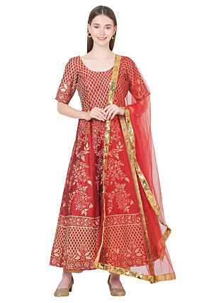 Embroidered Dupion Silk Anarkali Suit in Red