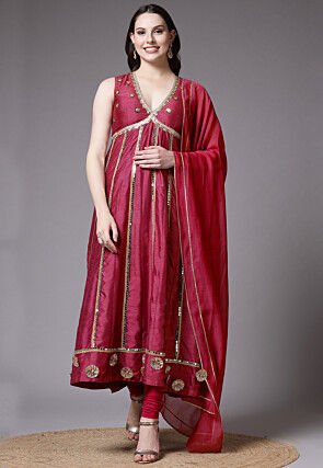 Embroidered Dupion Silk Anarkali Suit in Red