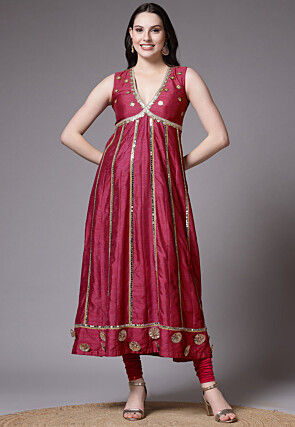 Embroidered Dupion Silk Anarkali Suit in Dark Fuchsia