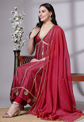 Embroidered Dupion Silk Anarkali Suit in Dark Fuchsia