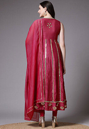 Embroidered Dupion Silk Anarkali Suit in Dark Fuchsia