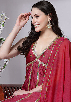 Embroidered Dupion Silk Anarkali Suit in Dark Fuchsia