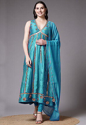 Embroidered Dupion Silk Anarkali Suit in Turquoise