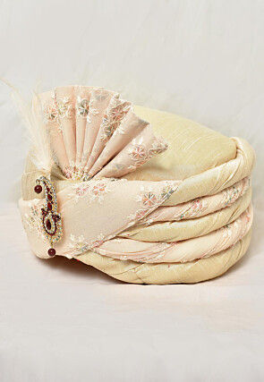 Embroidered Dupion Silk and Georgette Turban in Beige