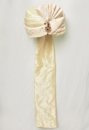 Embroidered Dupion Silk and Georgette Turban in Beige