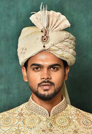 Embroidered Dupion Silk and Georgette Turban in Beige