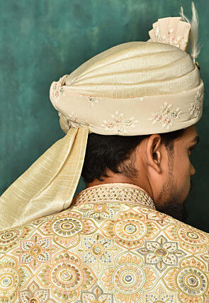 Embroidered Dupion Silk and Georgette Turban in Beige