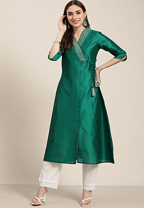Embroidered Dupion Silk Angrakha Style Kurta in Teal Green