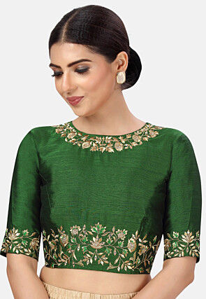 Embroidered Dupion Silk Blouse in Green