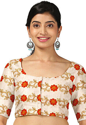 Embroidered Dupion Silk Blouse in Beige