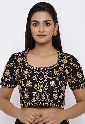 Embroidered Dupion Silk Blouse in Black