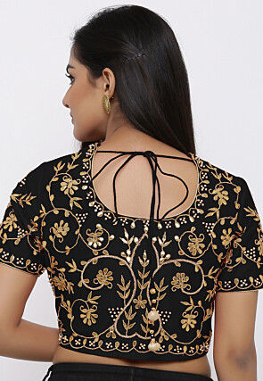 Embroidered Dupion Silk Blouse in Black