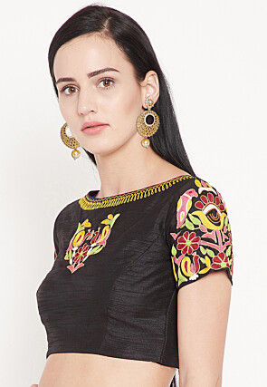 Embroidered Dupion Silk Blouse in Black