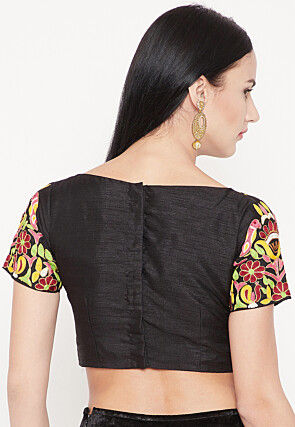 Embroidered Dupion Silk Blouse in Black