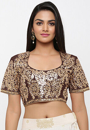 Embroidered Dupion Silk Blouse in Brown
