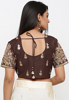 Embroidered Dupion Silk Blouse in Brown