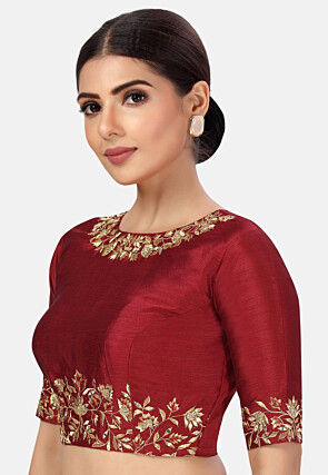 Embroidered Dupion Silk Blouse in Red