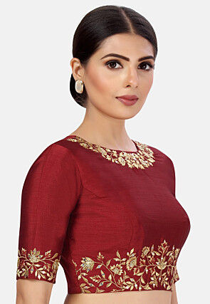 Embroidered Dupion Silk Blouse in Red