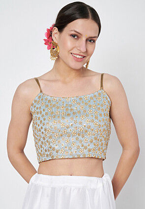 Embroidered Dupion Silk Blouse in Dusty Blue