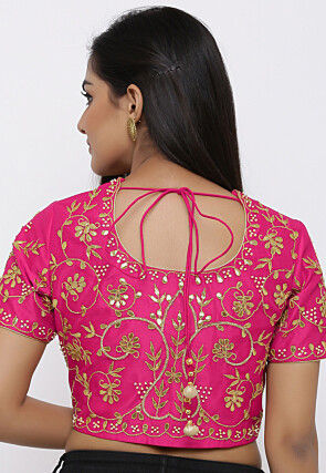 Embroidered Dupion Silk Blouse in Fuchsia