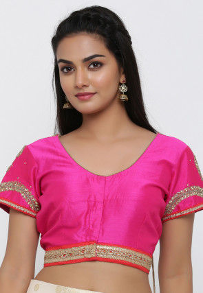 Embroidered Dupion Silk Blouse in Fuchsia