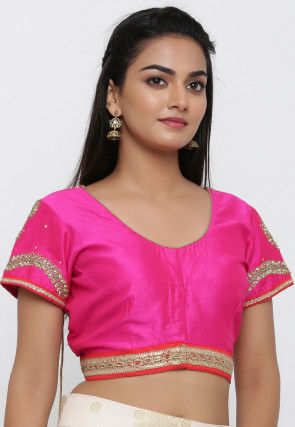 Embroidered Dupion Silk Blouse in Fuchsia