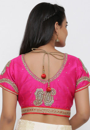 Embroidered Dupion Silk Blouse in Fuchsia