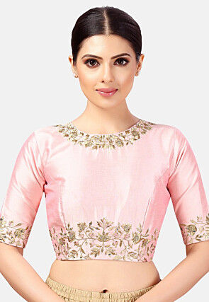 Embroidered Dupion Silk Blouse in Pink
