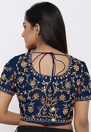 Embroidered Dupion Silk Blouse in Navy Blue