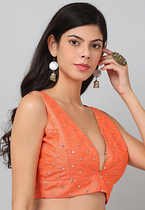 Embroidered Dupion Silk Blouse in Peach Orange