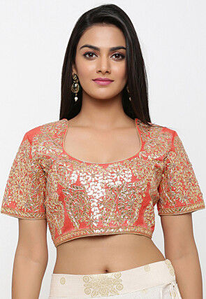 Embroidered Dupion Silk Blouse in Peach