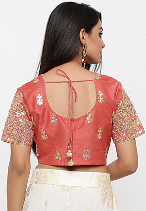 Embroidered Dupion Silk Blouse in Peach