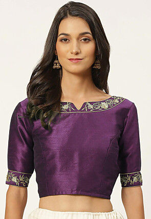 Embroidered Dupion Silk Blouse in Purple