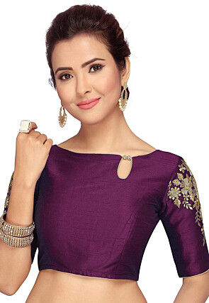 embroidered dupion silk blouse in purple v1 uve162