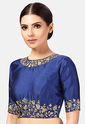 Embroidered Dupion Silk Blouse in Royal Blue