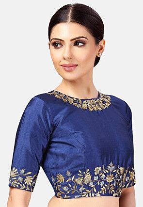 Embroidered Dupion Silk Blouse in Royal Blue