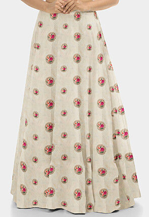 Embroidered Dupion Silk Circular Skirt in Beige