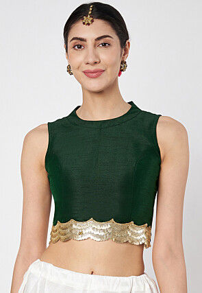 Embroidered Dupion Silk Crop Top in Dark Green