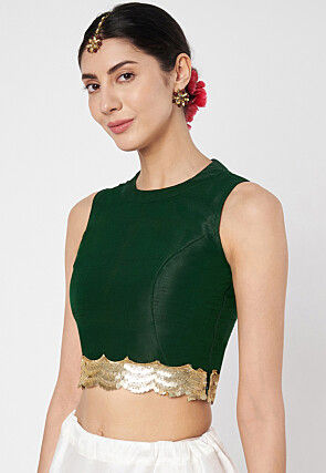 Embroidered Dupion Silk Crop Top in Dark Green