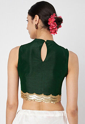 Embroidered Dupion Silk Crop Top in Dark Green