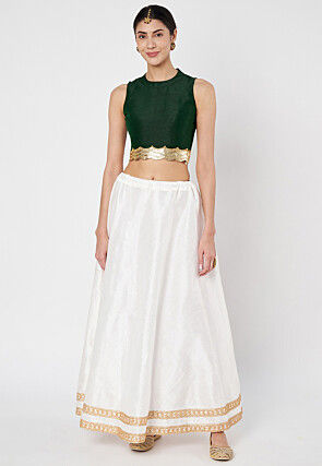 Embroidered Dupion Silk Crop Top in Dark Green