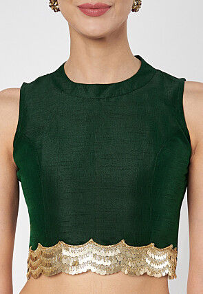 Embroidered Dupion Silk Crop Top in Dark Green