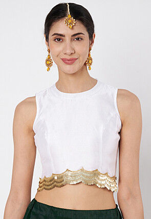 Embroidered Dupion Silk Crop Top in White