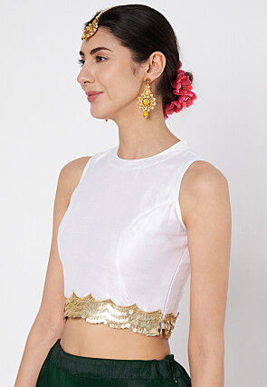 Embroidered Dupion Silk Crop Top in White