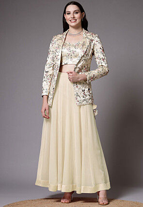 Embroidered Dupion Silk Crop Top Jacket Set in Beige and Beige