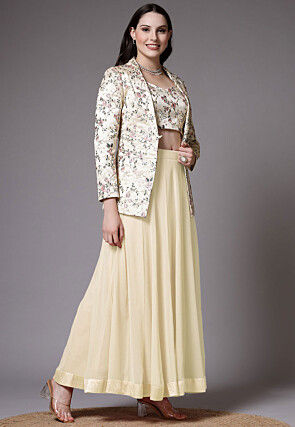 Embroidered Dupion Silk Crop Top Jacket Set in Beige and Beige